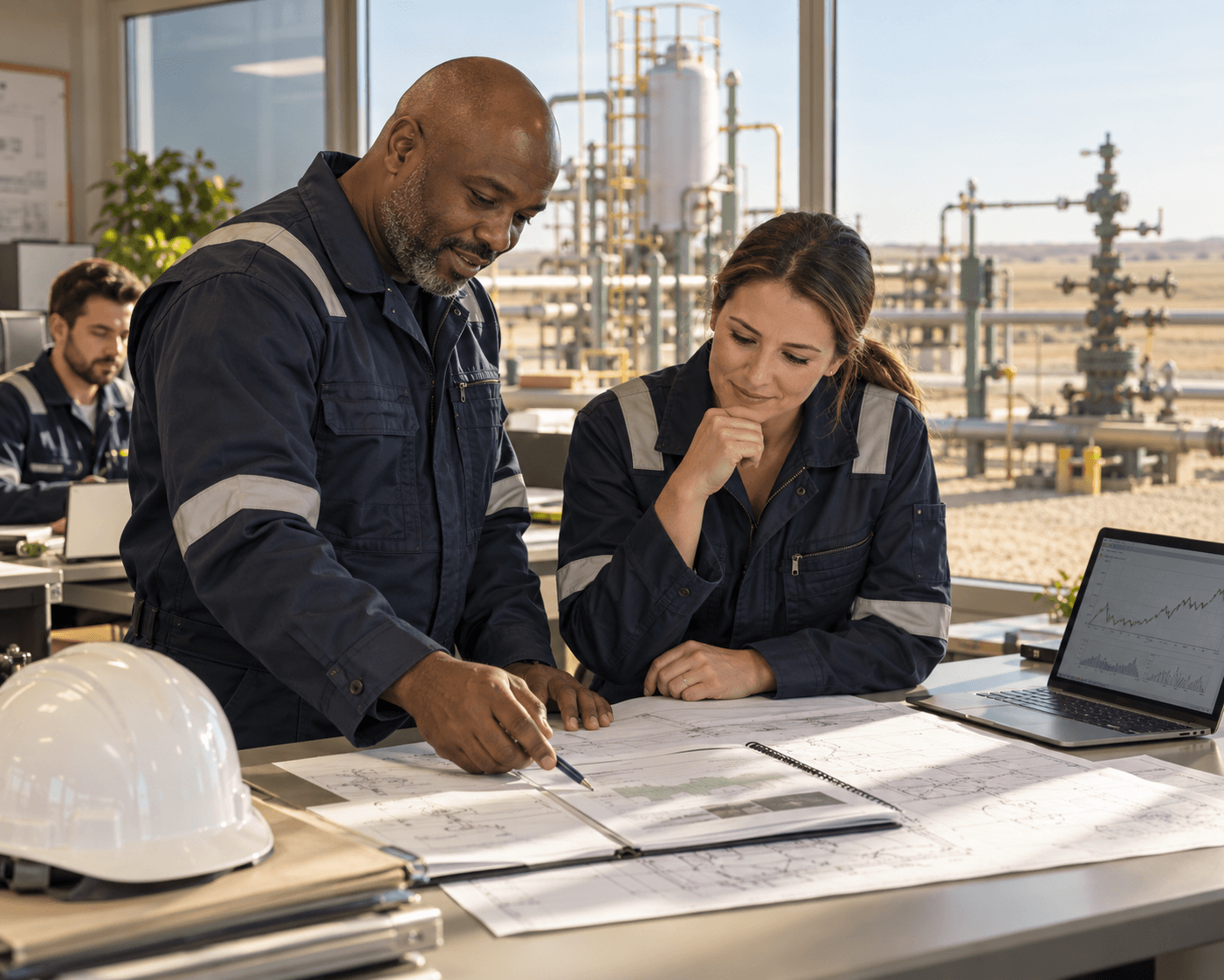 Illustrative scene of an engineering review of reports and production data