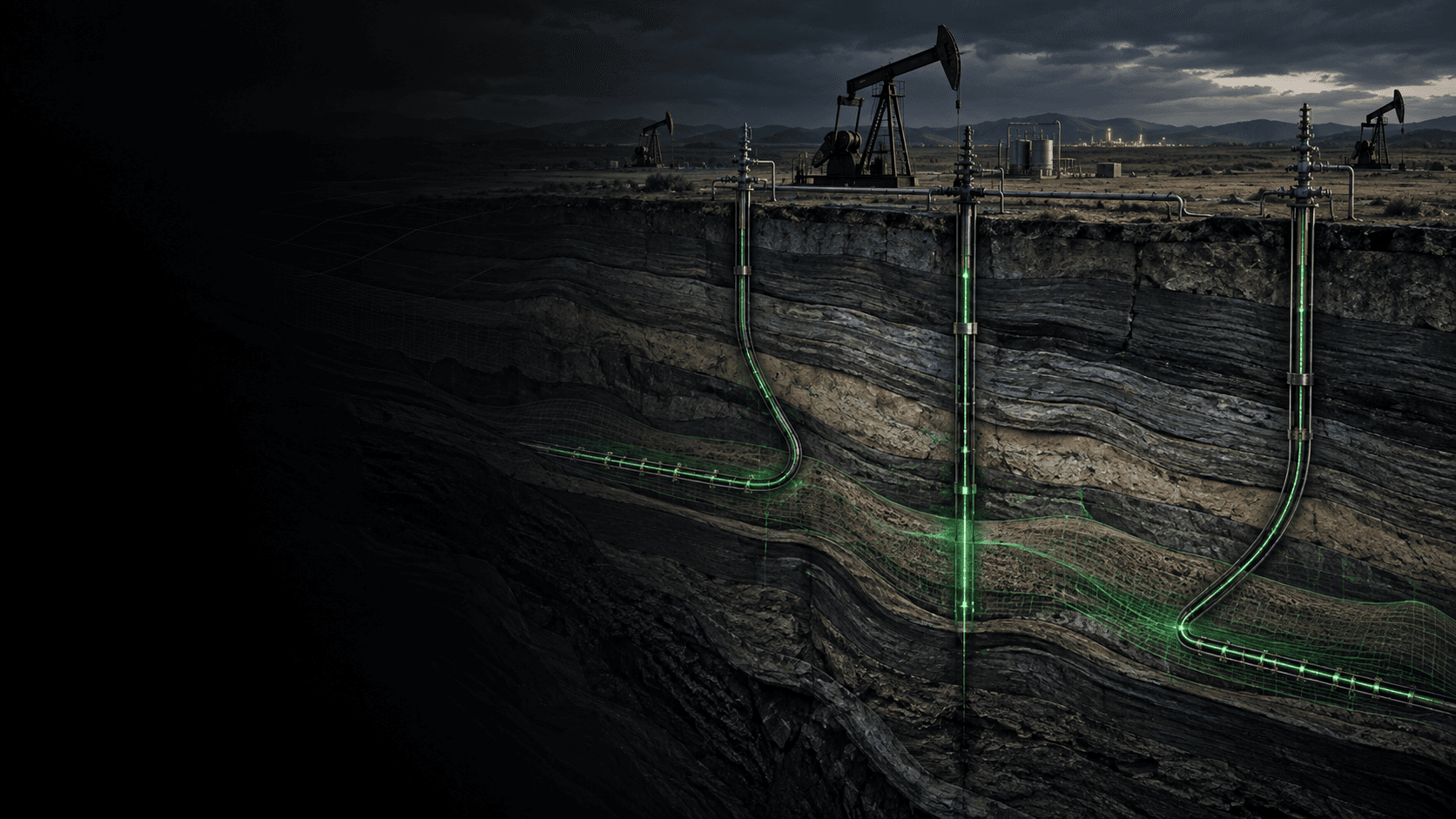 Technical visualization of monitored production wells and subsurface formations.