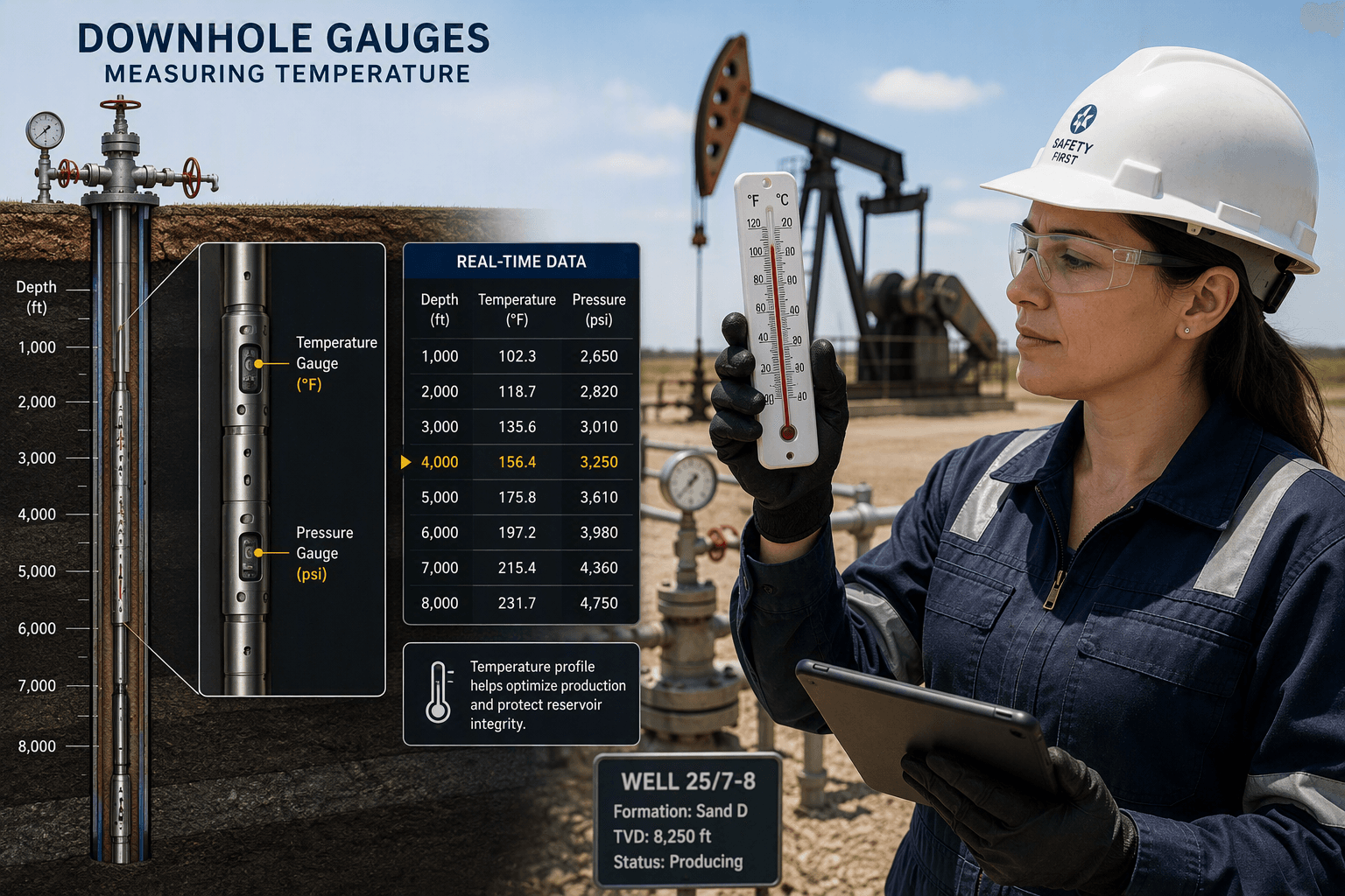 Illustration of downhole temperature measurement. Names and values shown are not a client record.