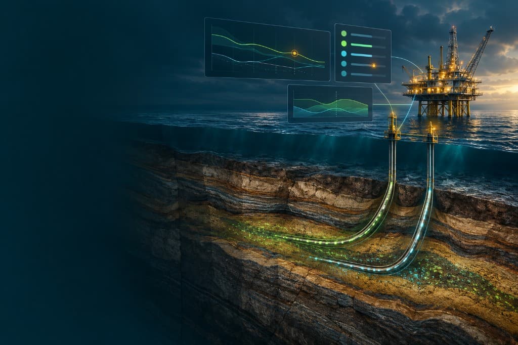 Illustrative cutaway of an offshore platform and subsurface wells.